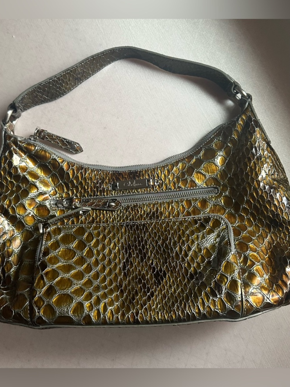 Cole Haan Croc Metallic Olive tone Croc-Embossed Shoulder Bag